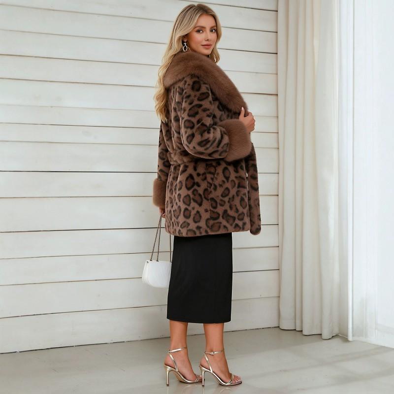 Womens Short Faux Fur Coat Leopard Print Belted Warm Leather Plush Outerwear