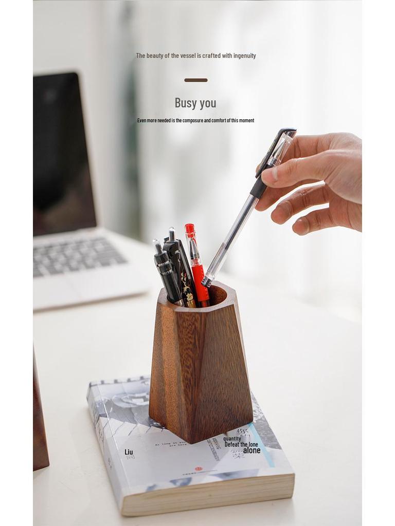 Retro Walnut Solid Wood Pencil Holder - Student & Office Desktop Stationery Storage Box Gift