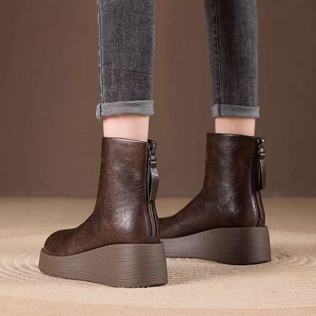 Comfortable fashion boots women's autumn and winter new versatile fashion heightening zipper soft sole non-slip short women's leather boots