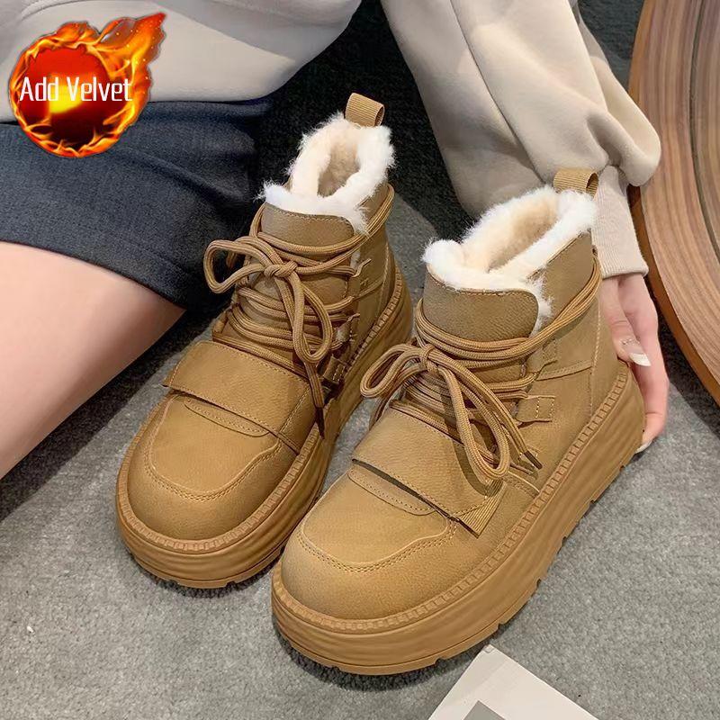 Fashion Leather Platform Lace-up Women's Snow Boots Sale Plush Warm Ladies Shoes Comfortable and Elegant Goth Lamb High Quality Booties