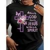 Womens Plus Size Blessed By God Saved By Jesus Filled By The Spirit T Shirt Vibrant Purple Floral Butterfly Design Casual Crew Neck Medium Stretch