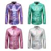Men Disco Shirt Shiny Golden Sequin Metallic Dress Shirt Lapel Long Sleeve