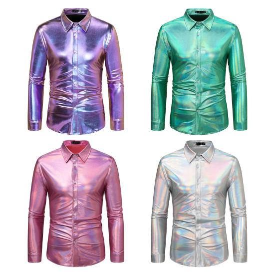 Men Disco Shirt Shiny Golden Sequin Metallic Dress Shirt Lapel Long Sleeve