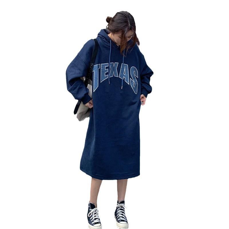 Womens Oversized Hooded Long Sweatshirt Dress With Letter Print Plus Size Loose Fit Knee-Length Casual Winter