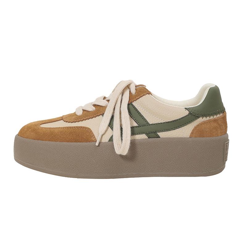 Cowhide color matching platform spring new round head lace-up casual board shoes retro ah Gan shoes