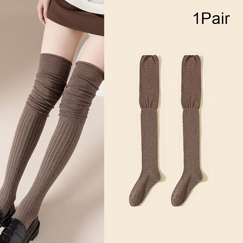 Women Thin Washable Solid Casual Long Stacked Vintage Knee-High Socks Fashion High Elasticity Outdoor Polyester Stockings 1 Pair