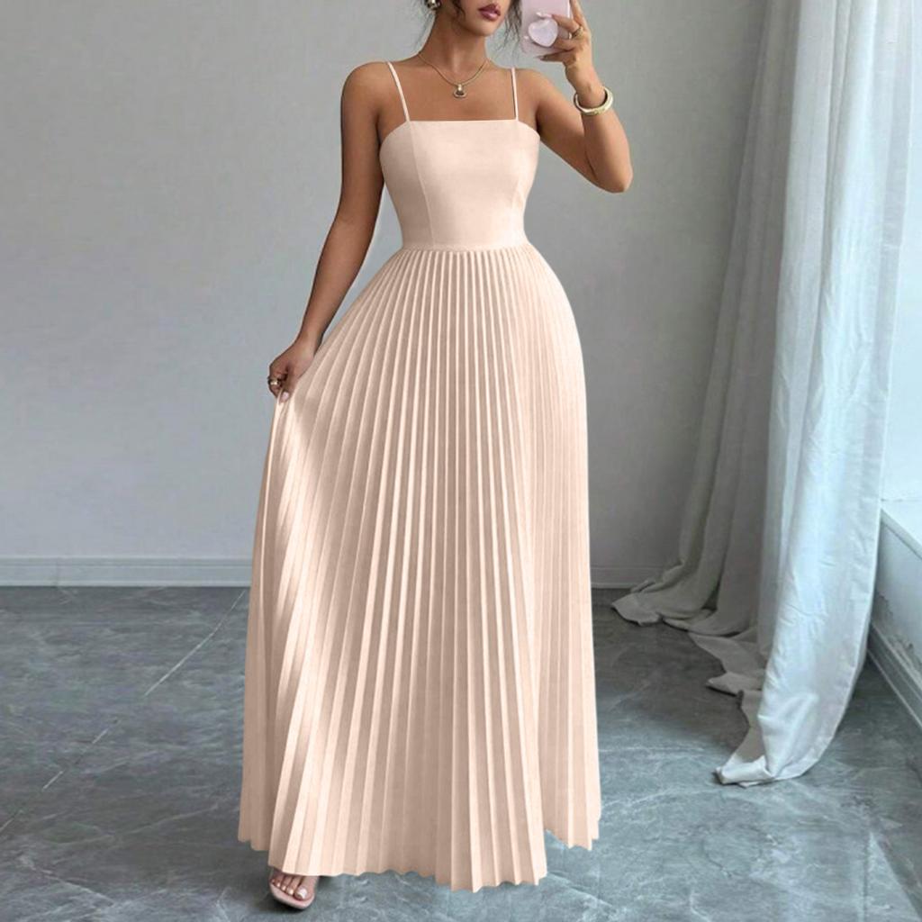 Vestido largo de color plisado con cintura ajustada y tirantes finos para mujer para salir por la noche
