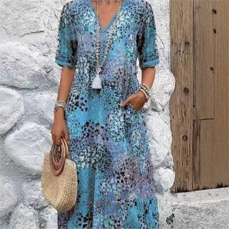 Vintage Dame Midi Kjoler Etnisk Stil Blomstertrykk V-Hals Løs Kjole Pluss Størrelse