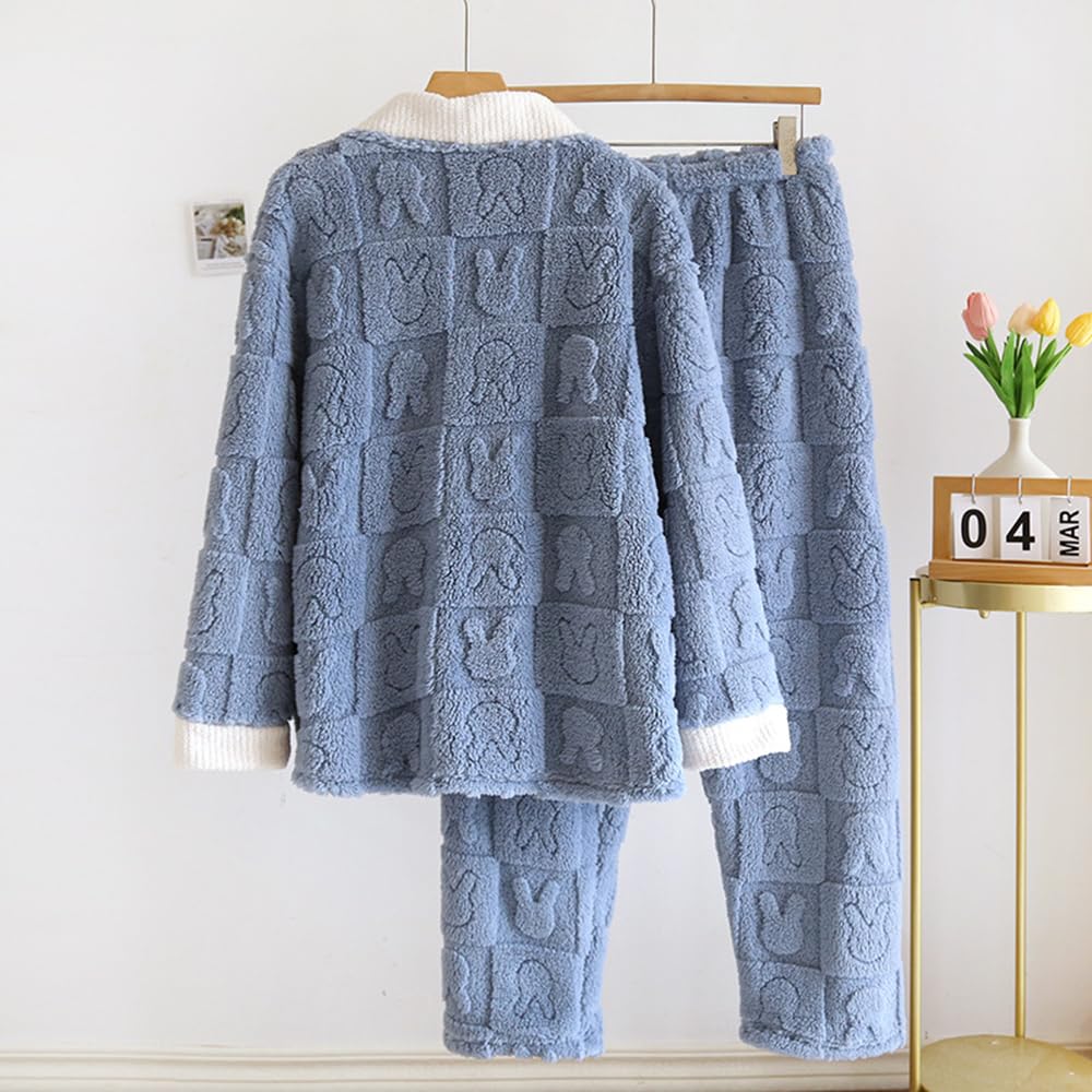AiMMei Winter Long with with Front Fleece Thick Women's Pajamas, Fluffy, Sleeves, Pockets, Loungewear, Cute, Warm, Collar, Opening, Lining, (XL, Blue)