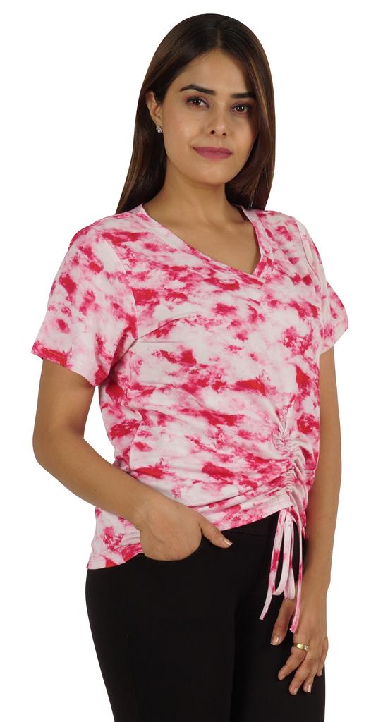 Moomaya Tie Dye Short Sleeve Ruching Tops For Women V-Neck Casual Jersey Tee