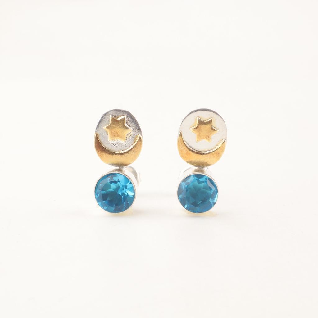 Schweizer Blautopas Edelstein 925 Sterling Silber Schmuck Stern & Mond Ohrstecker 0,8" Geschenk EE-141-14