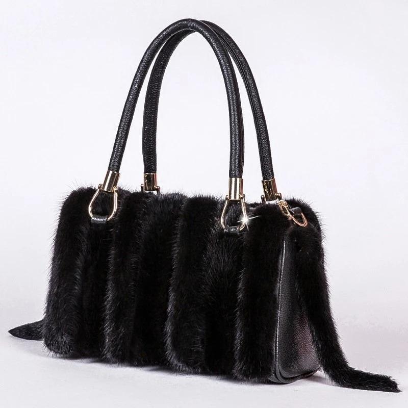 Nova bolsa feminina de luxo com pele de vison real, bolsa tiracolo feminina com pele de barbatana real