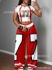 New Suit, Contrasting Red Collar Star Short-sleeved Short Top and Wide-leg Pants Two-piece Set.