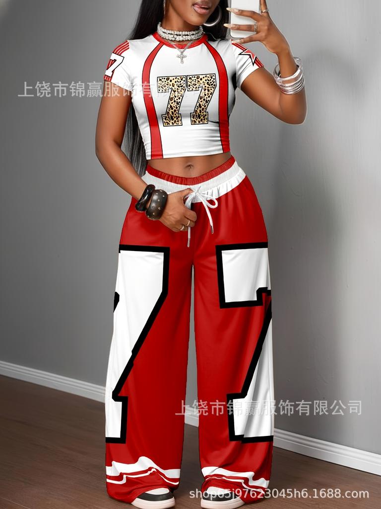 New Suit, Contrasting Red Collar Star Short-sleeved Short Top and Wide-leg Pants Two-piece Set.