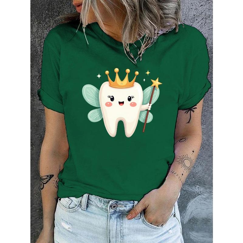 Casual Short-Sleeve Crew Neck T-Shirt Featuring a Tooth Fairy Design, Perfect for Spring And Summer, Designed for Women