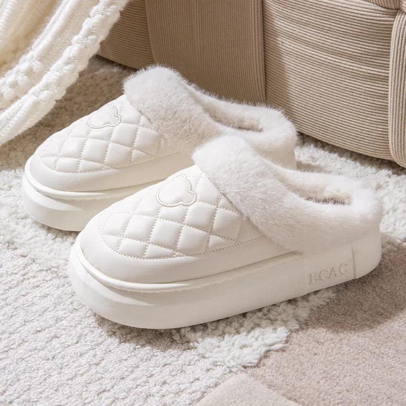Fashion Women Fur Fuzzy Slippers Outdoor Waterproof Plush Lined Slides Indoor Antiskid Platform Cotton Shoes Fluffy House Slipper