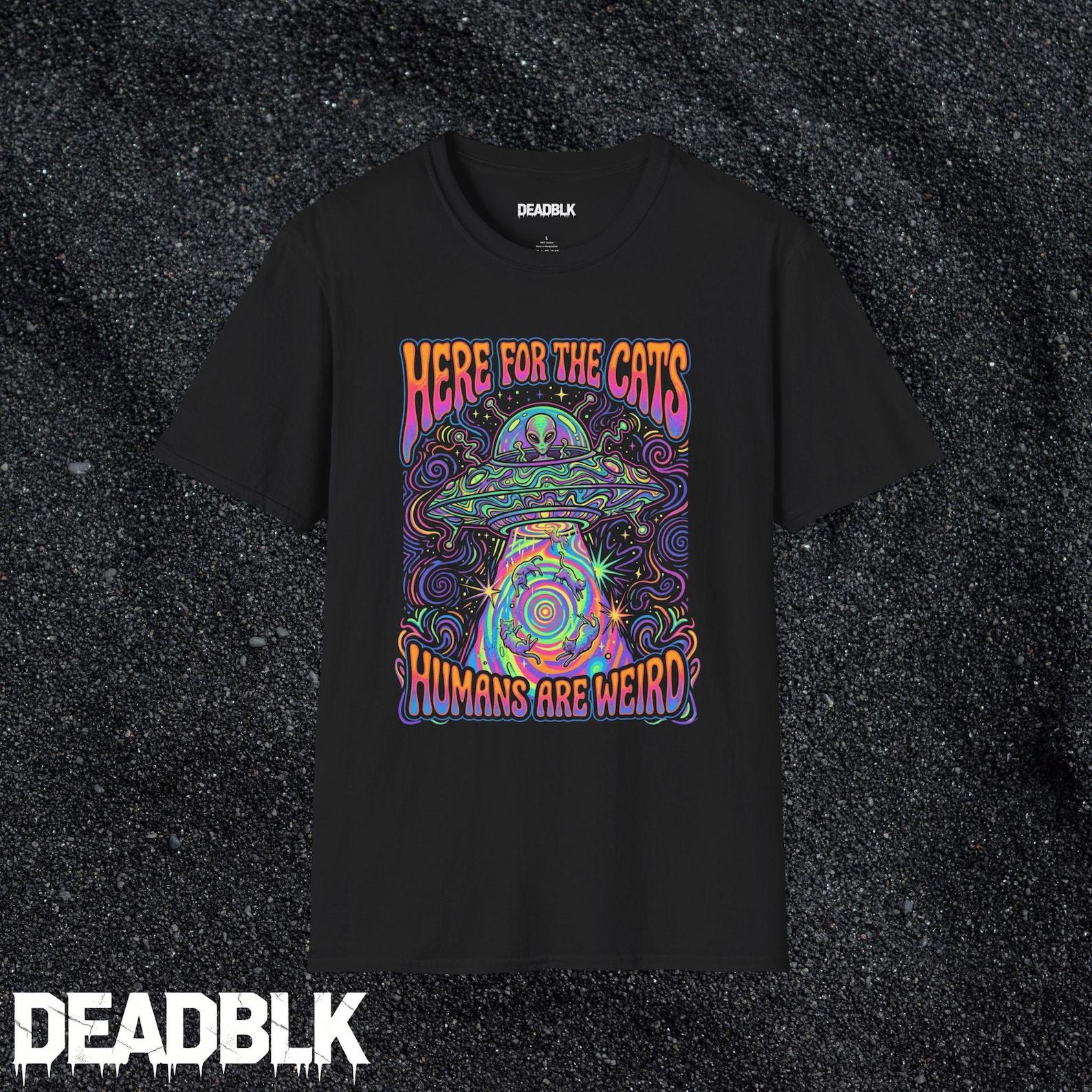 Here For The Cats psychedelic alien UFO tee | T-Shirt L