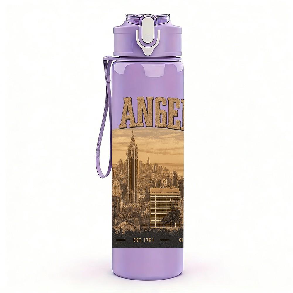1PC Los Angeles City Print 750ml Color Plastic Sports Water Bottle Leakproof Flip Straw Lid Suitable for Sports Office Home Use