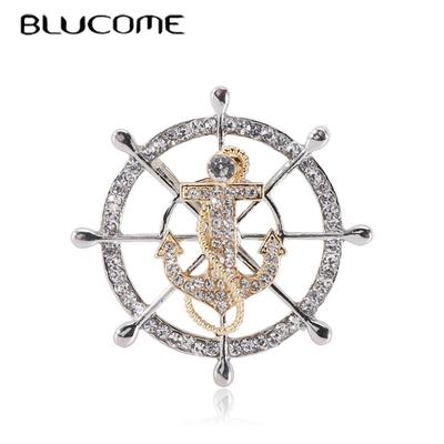Broche de ancla de timón de taladro completo de viento marino creativo, Pin de cuello de traje exquisito para hombre, Pin de ropa de moda