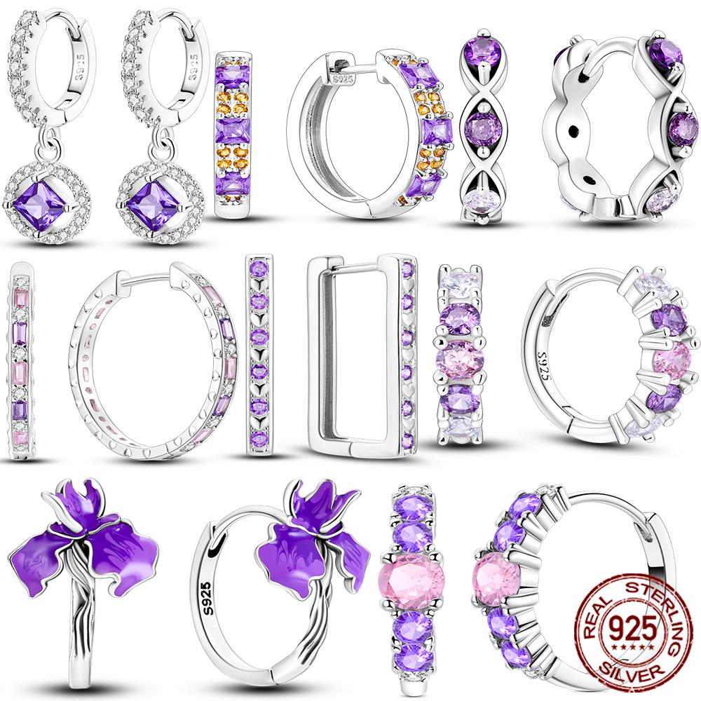Original 925 Silber Lila Zirkon Iris Ohrringe Creolen Serie Damen Party Exquisiter Leichter Luxus Ohrringe Schmuck
