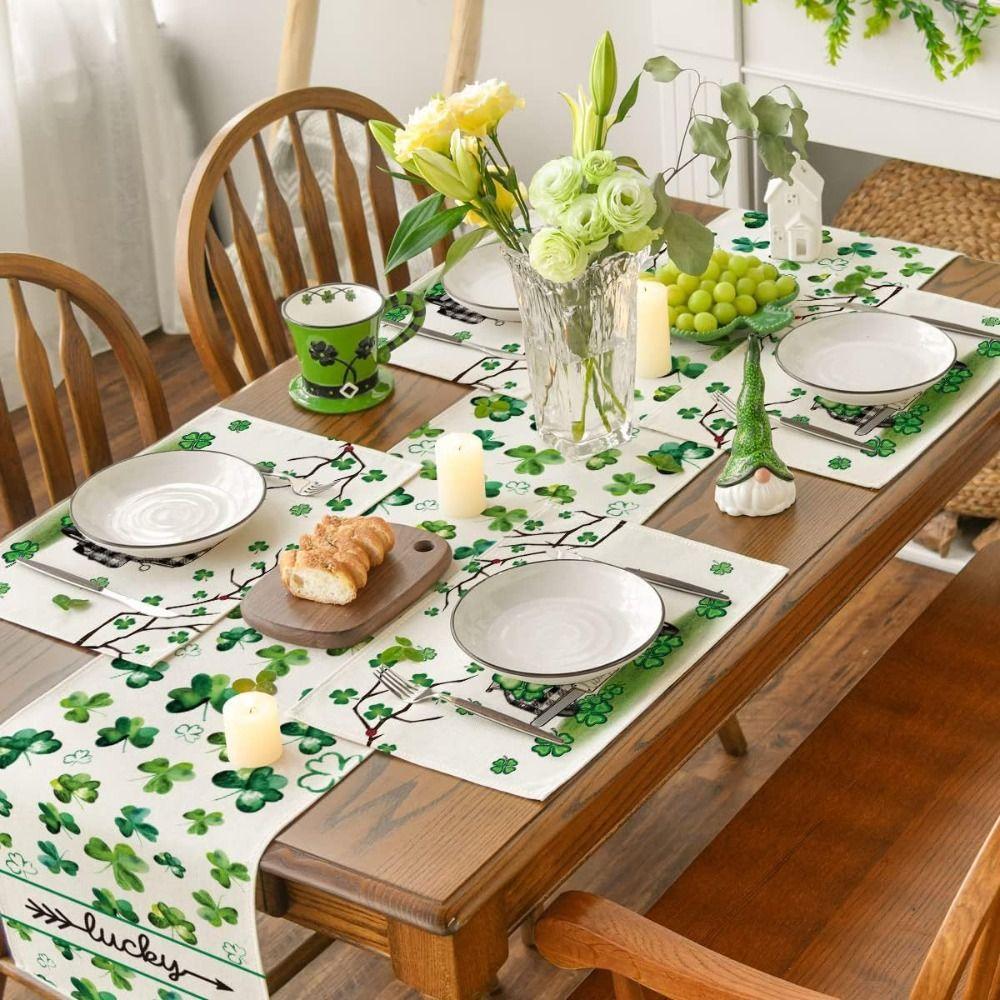 

4Pcs Linen Green Clover Table Mats Heat-resistant Dining Table Mat Kitchen Style 2
