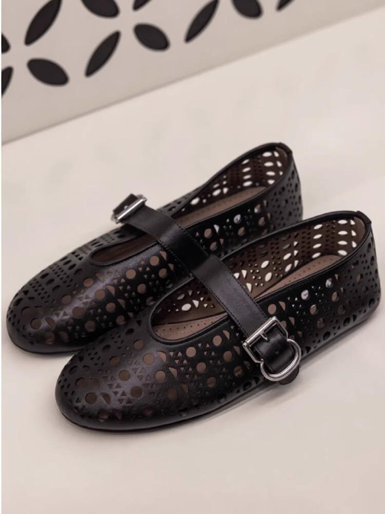 2025 New French Hollow Ballet Shoes Flat Bottom One-word Buckle Shallow Mouth Mary Jane Shoes Women's Niche Design Single Shoes