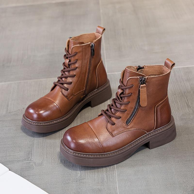 The first layer of cowhide short boots women's 2025 autumn and winter new retro leather British style square head women's Martin boots