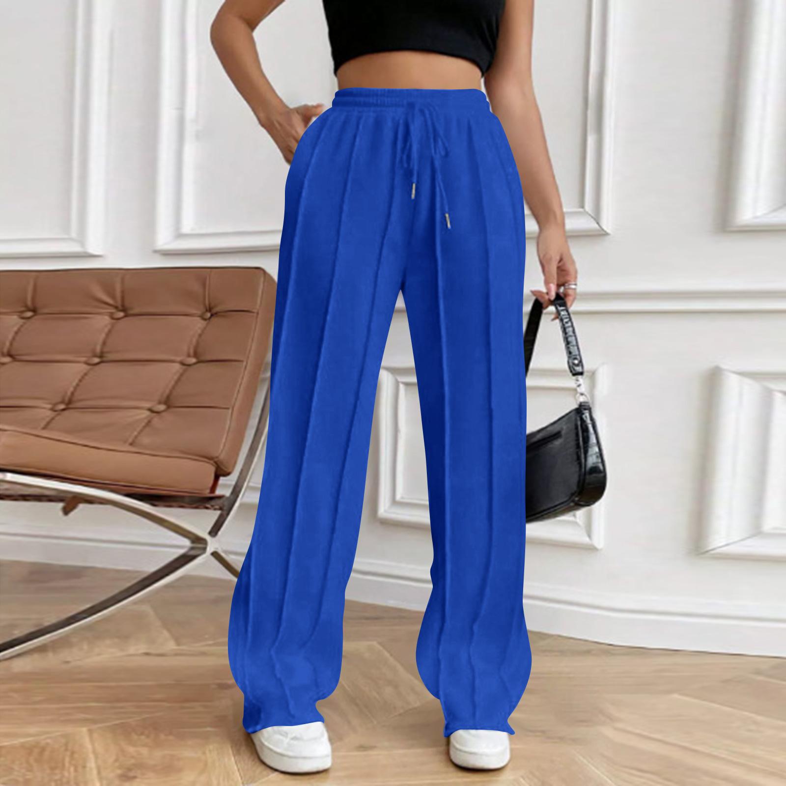 High Waist Wide Leg Pants for Women Drawstring Elastic Waist Loose Fit Casual Trousers Comfortable Lounge Wear L