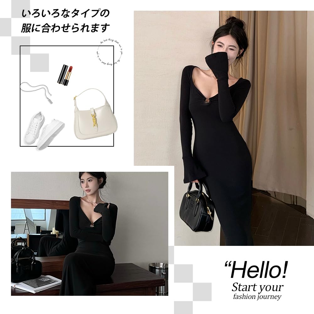 PHOLEEY Long Sleeve Sexy Tight Deep Slim Fit Stretch Perfect for Parties and Black Women's V-Neck Dress, Dates,