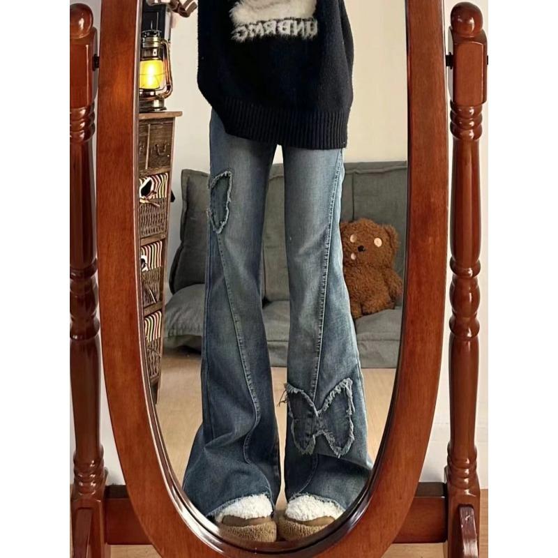 

Джинсы с вышивкой бабочек женские ретро с высокой посадкой прямые слегка расклешенные брюки XL синий