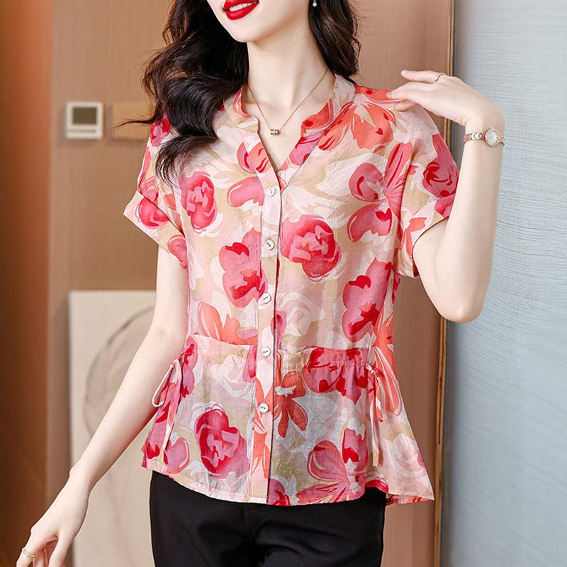 Summer Floral Blouse Women Loose Fit Slimming Beautiful Stylish Short Sleeve Shirt