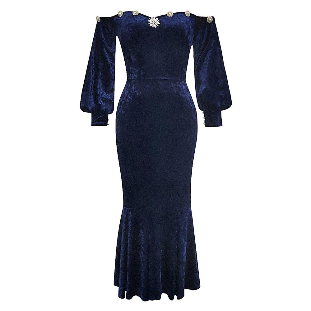 

2024 Summer Off-Shoulder Pearl Button Velvet Dress XS глибокий/синій