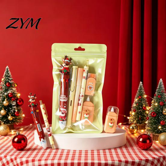 Christmas Theme Stationery Supplies 6PCS Set for Students, Cute Patterns Print Holiday Pattern Pens Kids Practical School Supplies, Smooth Writing