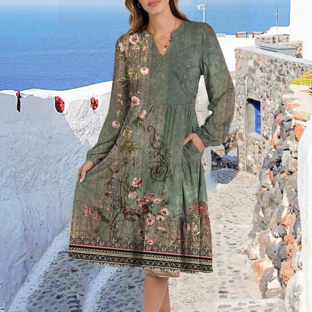 Damen V-Ausschnitt Fließendes Mehrlagiges Böhmisches Langarmkleid mit Blumenmuster
