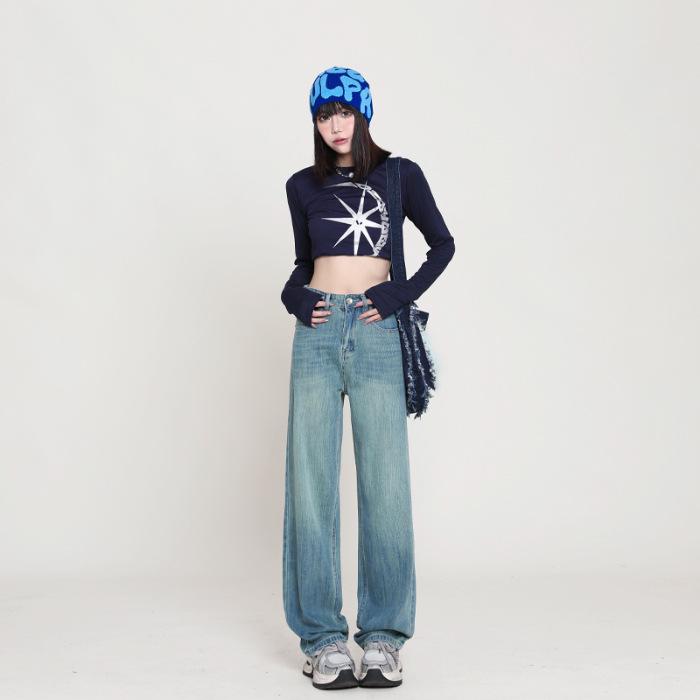 

Женские джинсы с высокой посадкой и широкими штанинами, осень 2024: Трендовый, Стройнящий, Свежий Прямой Крой M