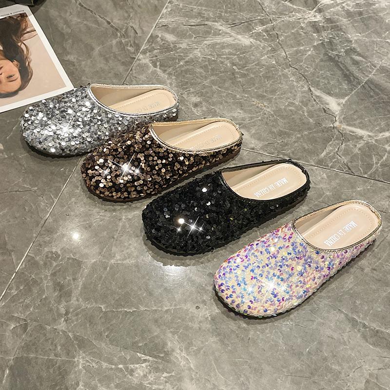 Fashion Sequined Toe Half-slipper Women's Outerwear 2025 Autumn French Style with Skirt Flat Lazy Large-sized Flip-flops