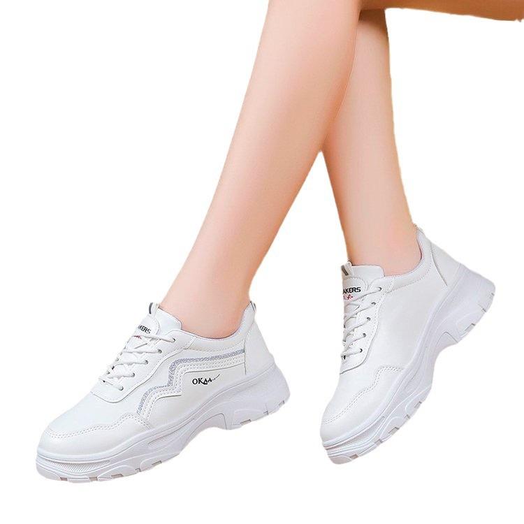 Women's Autumn New Versatile Leather Surface White Shoes Inner Height Increase Muffin Platform Sports Shoes
