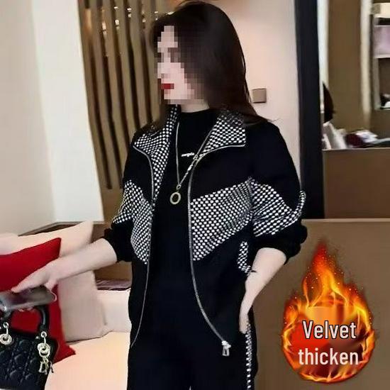 Velvet Plaid Patchwork Women's Suit: Trendy Fall/Winter Age-Reducing Two-Piece Set