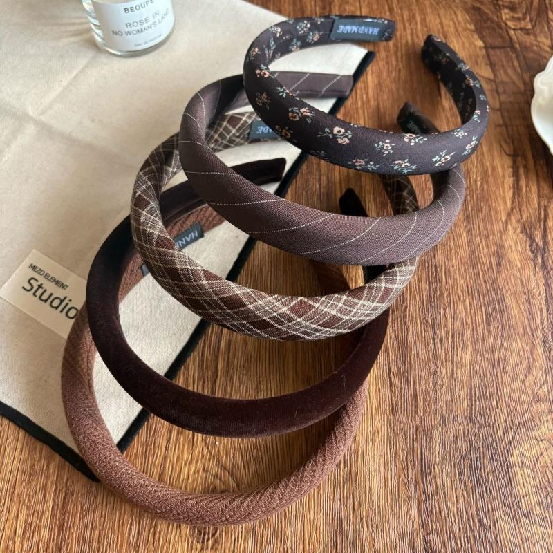 Vintage Brown Padded Headbands For Women Plaid Floral Print Hairbands Knitted Velvet Hair Hoops Plain Head Bands Accessories 1pc