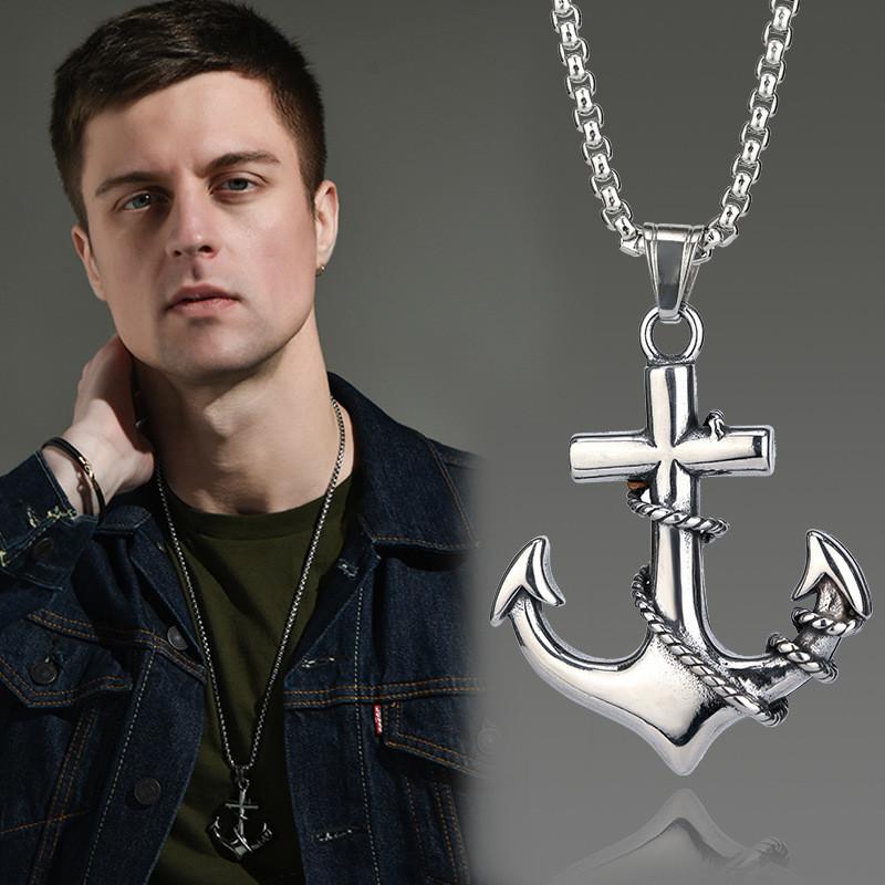 Caribbean Pirate Ship Anchor Cross Necklace For Men With Polished Titanium Steel Chain