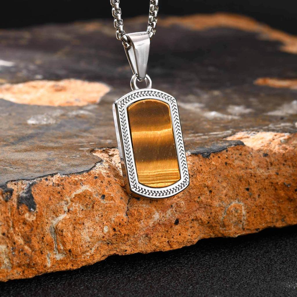 Stainless Steel Hip Hop Tiger Eye Gemstone Square Pendant PN-2162