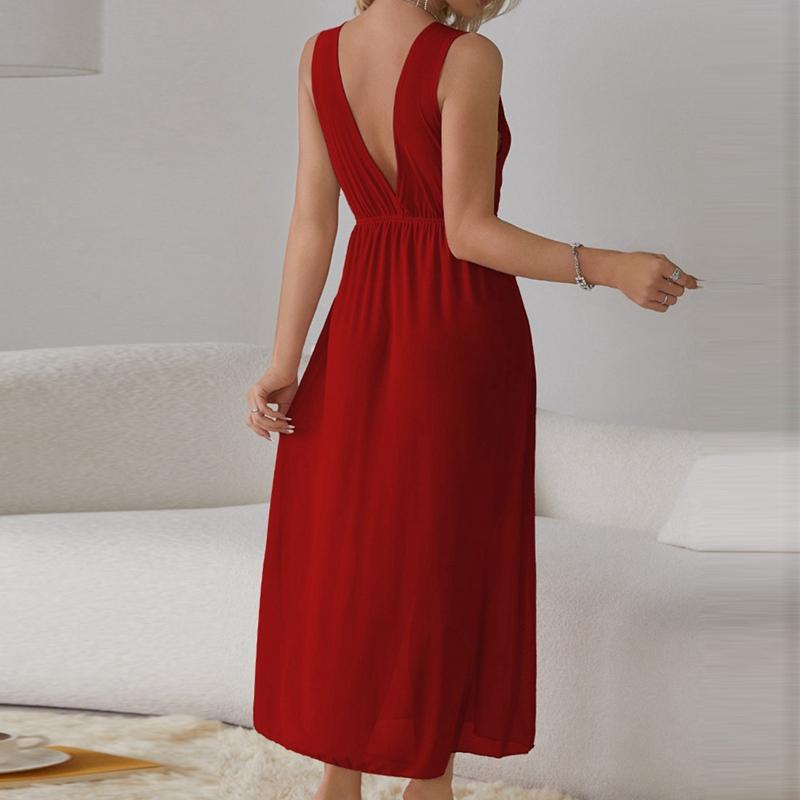 Women Sleeveless Deep V Nightgown Lace Mesh Loungewear Dress