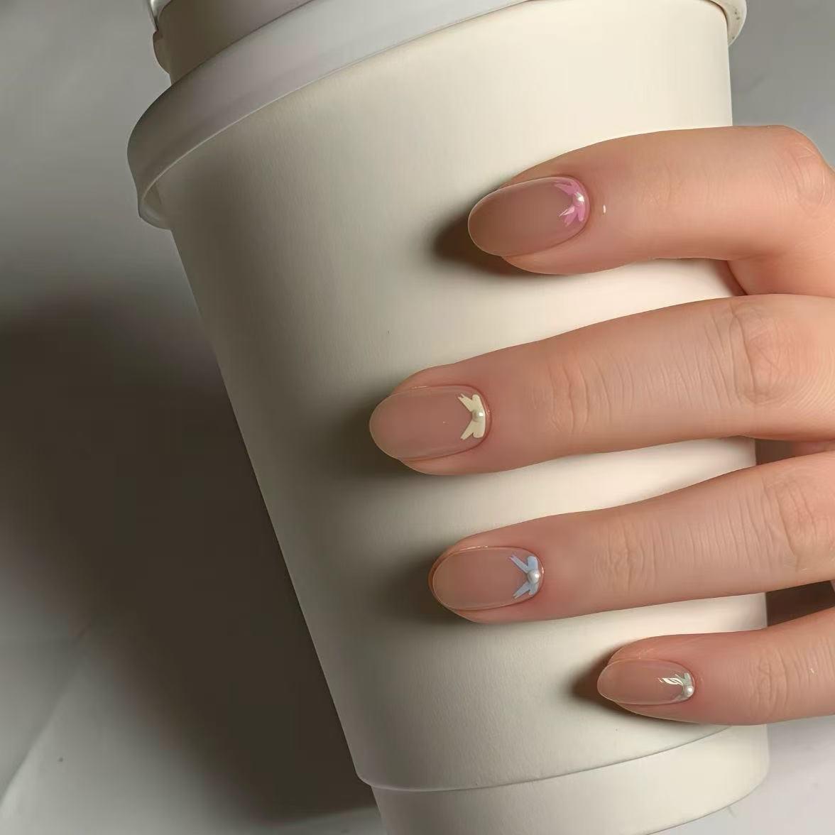 Gentle Nude Bow Short Nails Set - Versatile Daily Wear for Students