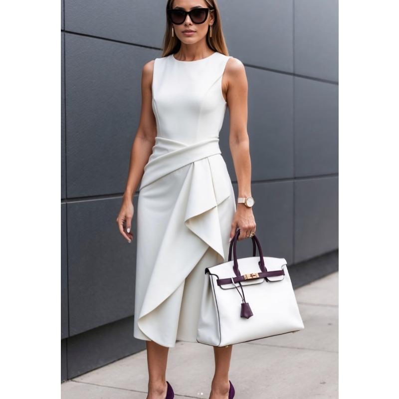 women s Crew Neck Sleeveless Waist Twist Draped Asymmetric Hem Midi Dress Elegant Party Dress S белый