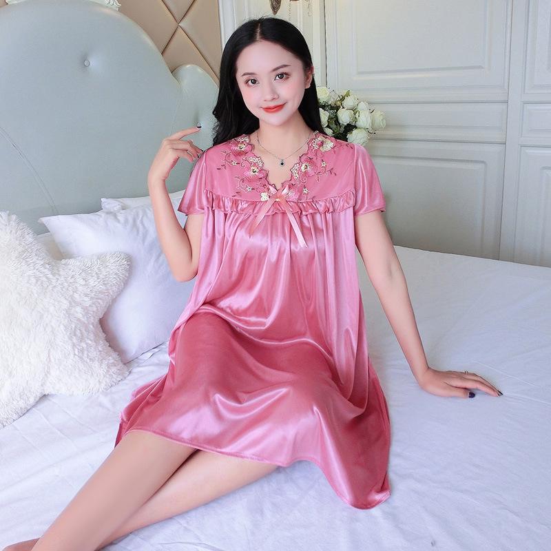 Plus Size Ice Silk Lace Nightgown - Women's Short Sleeve Summer Lingerie with Swing Skirt