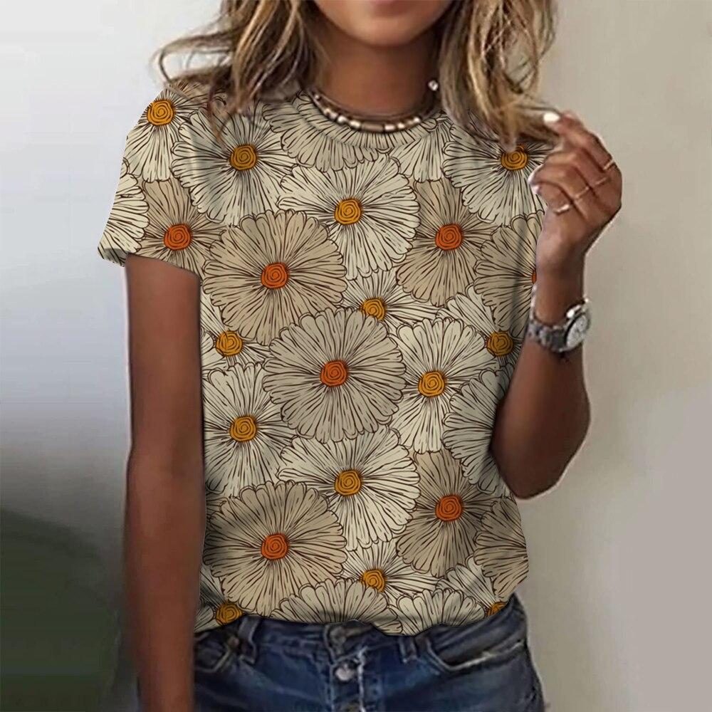 Floral Flower 3D Print Summer Women O-Neck Casual Harajuku Streetwear Short Sleeve Oversized Y2k Top