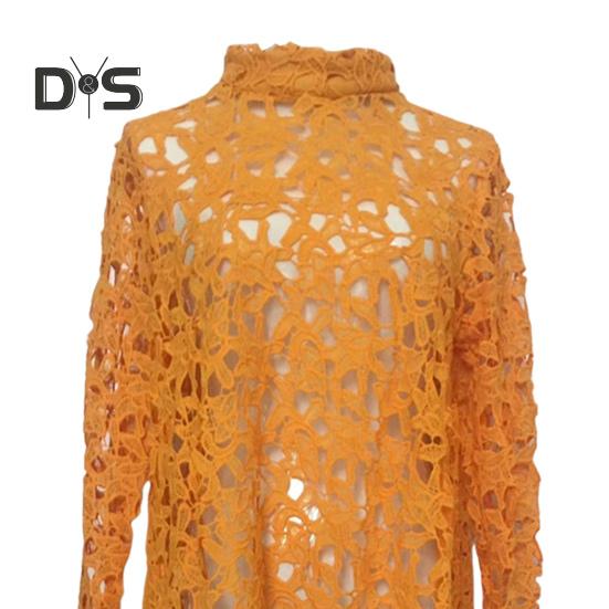 Women Long Top Cutout Irregular Crochet Lace Floral Patchwork See-through Short Front And Long Back Blouse Half-High Collar Long Sleeve Dress