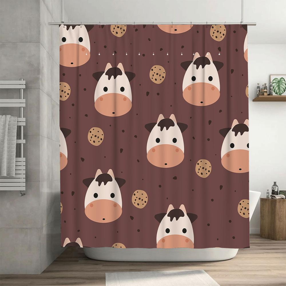 Farm Fresh Animal Pattern Shower Curtain Waterproof Bathroom Decor For Kids Room Brown Cow Print Shaggy Bath Mat 30X72 Inches Pi