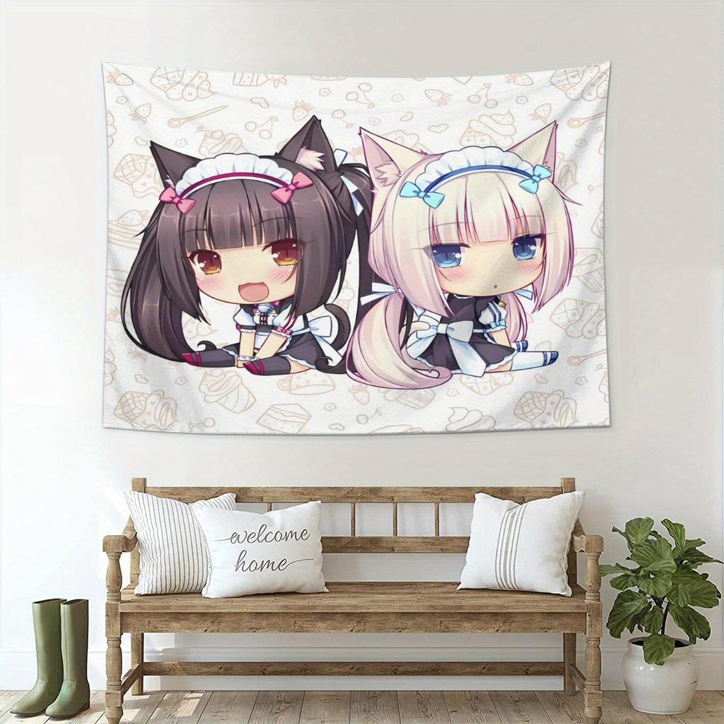 Aesthetic Wall Tapestry Cute Anime Maid Cat Ears Design Horizontal Modern Living Room Decor