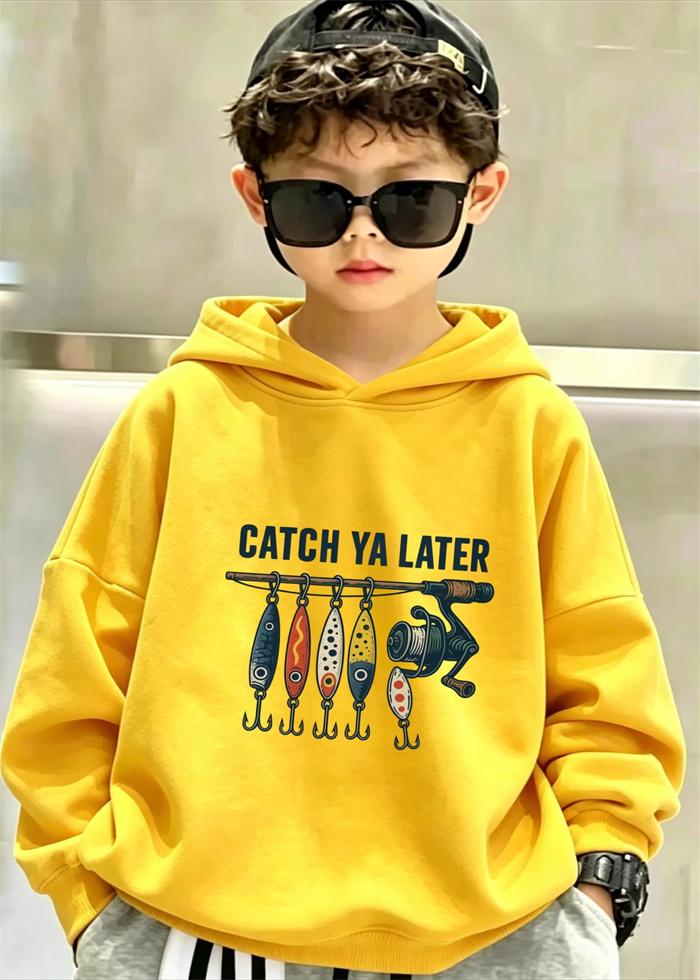 Fall/Winter Retro Fishing Bait Pattern "See You Later" Children's Hooded Sweatshirt Loose and Comfortable Warm Hooded Shirt